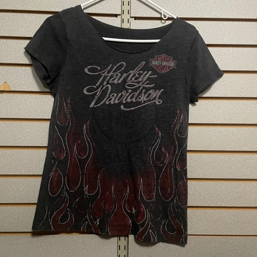 Womens Harley Davidson Flames‎ T Shirt Gray Short Sleeve Graphic Tee Small